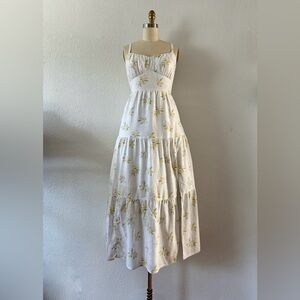 Lemon 🍋 print linen dress in white with open back.